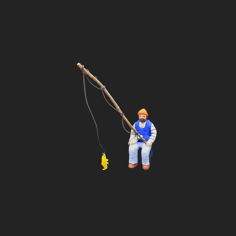 Santon de crèche- santon de provence – santon 7cm – décor de crèche – santons Aubagne – santon pecheur assis avec sa canne à pêche 7cm