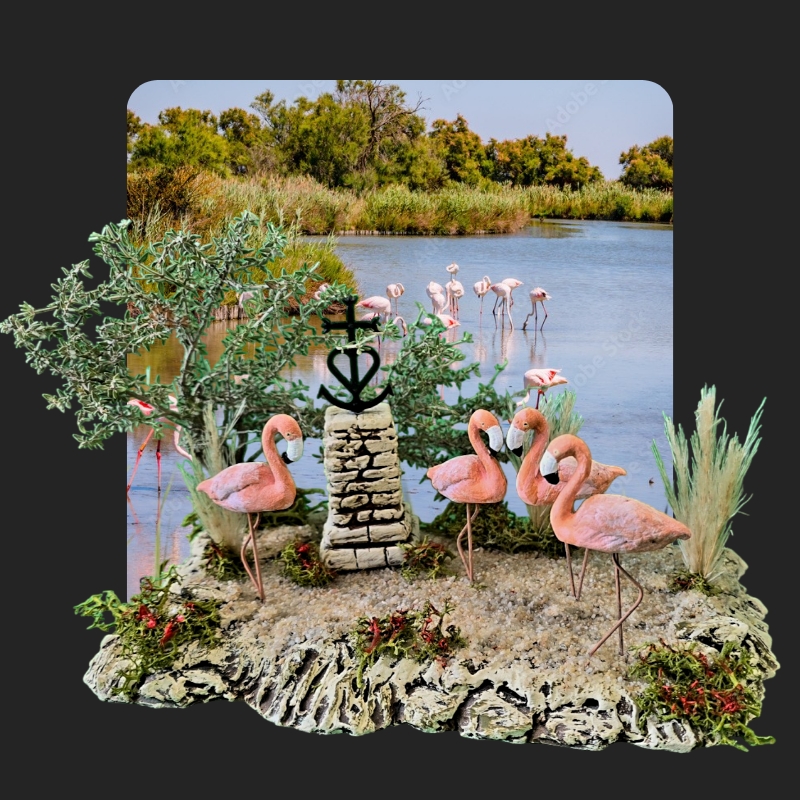 Grande scène de Camargue avec flamants roses et croix de Camargue – Série Limitée