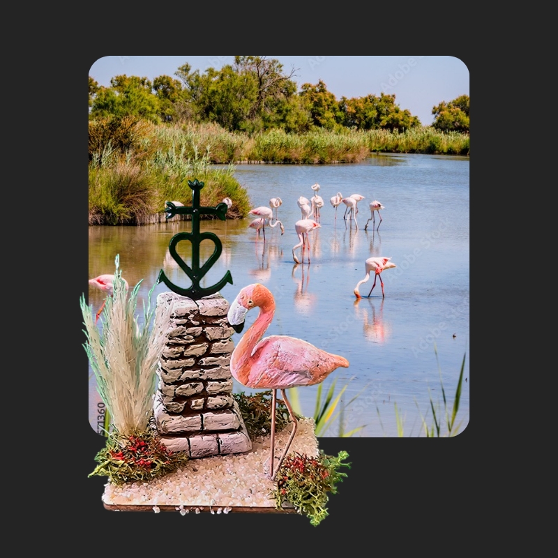 Mini scène de Camargue avec flamants roses et croix de Camargue – Série Limitée